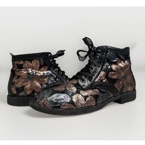 Irregular Choice Liliana Ankle Boots Sequin Floral Whimsigoth READ combat